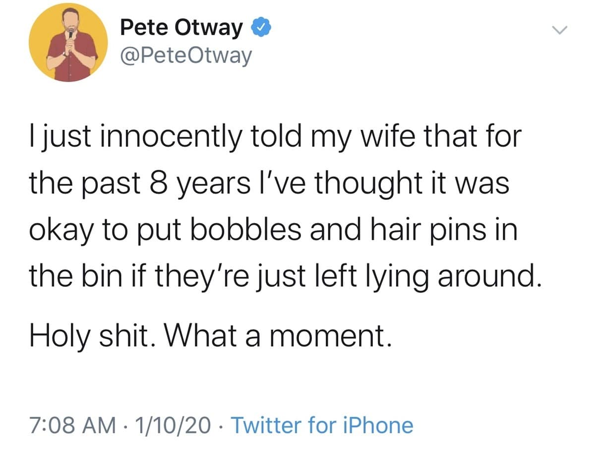A classic meme tweet where a husband realizes he has been committing a relationship crime for 8 years by throwing away his wife's bobby pins found on the floor.