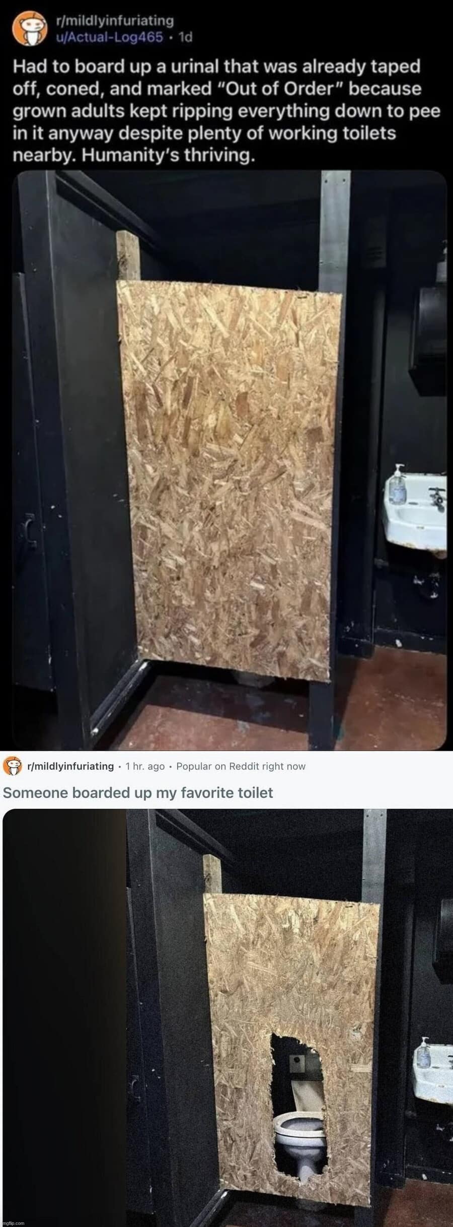 A hilarious public restroom classic meme showing a urinal boarded up with particle board, only for a savage individual to smash a perfect toilet-sized hole right through the wood to keep using it.