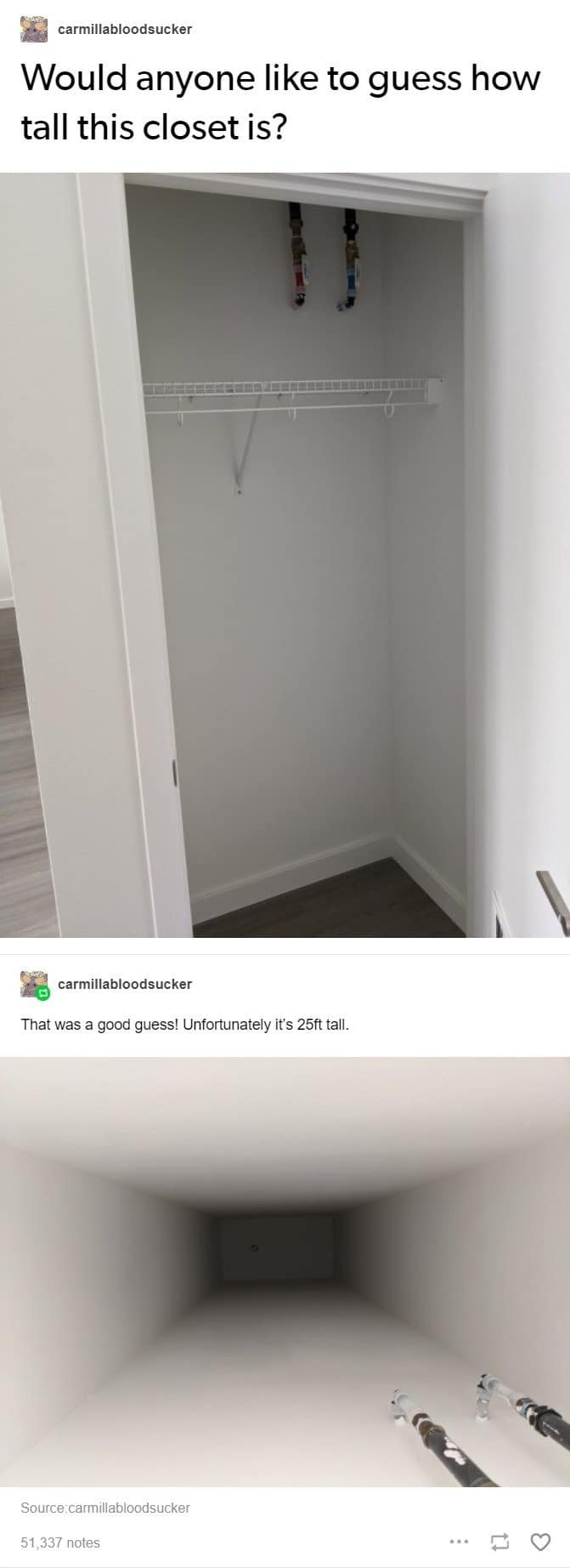 A bizarre architectural classic meme showing a seemingly normal closet that is revealed in a second photo to be a terrifying, unusable 25-foot deep shaft.