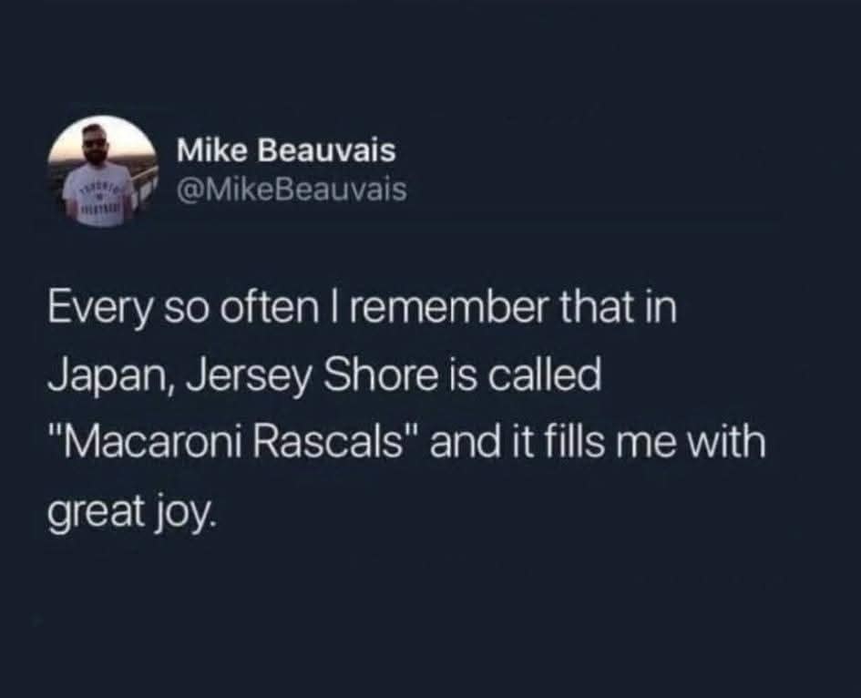 A funny old meme factoid revealing that the reality show Jersey Shore is delightfully translated in Japan as "Macaroni Rascals."