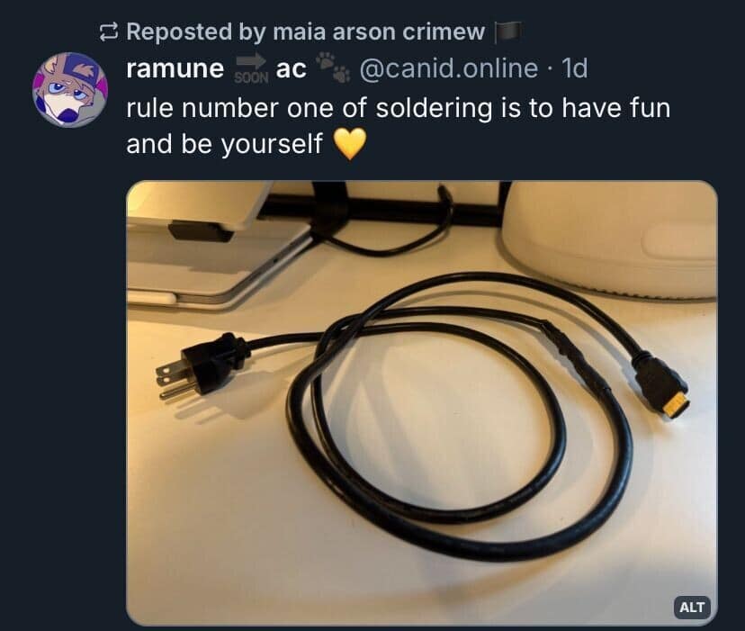 A chaotic classic meme showing a dangerous soldering project where an HDMI cable has been connected directly to a wall power plug.