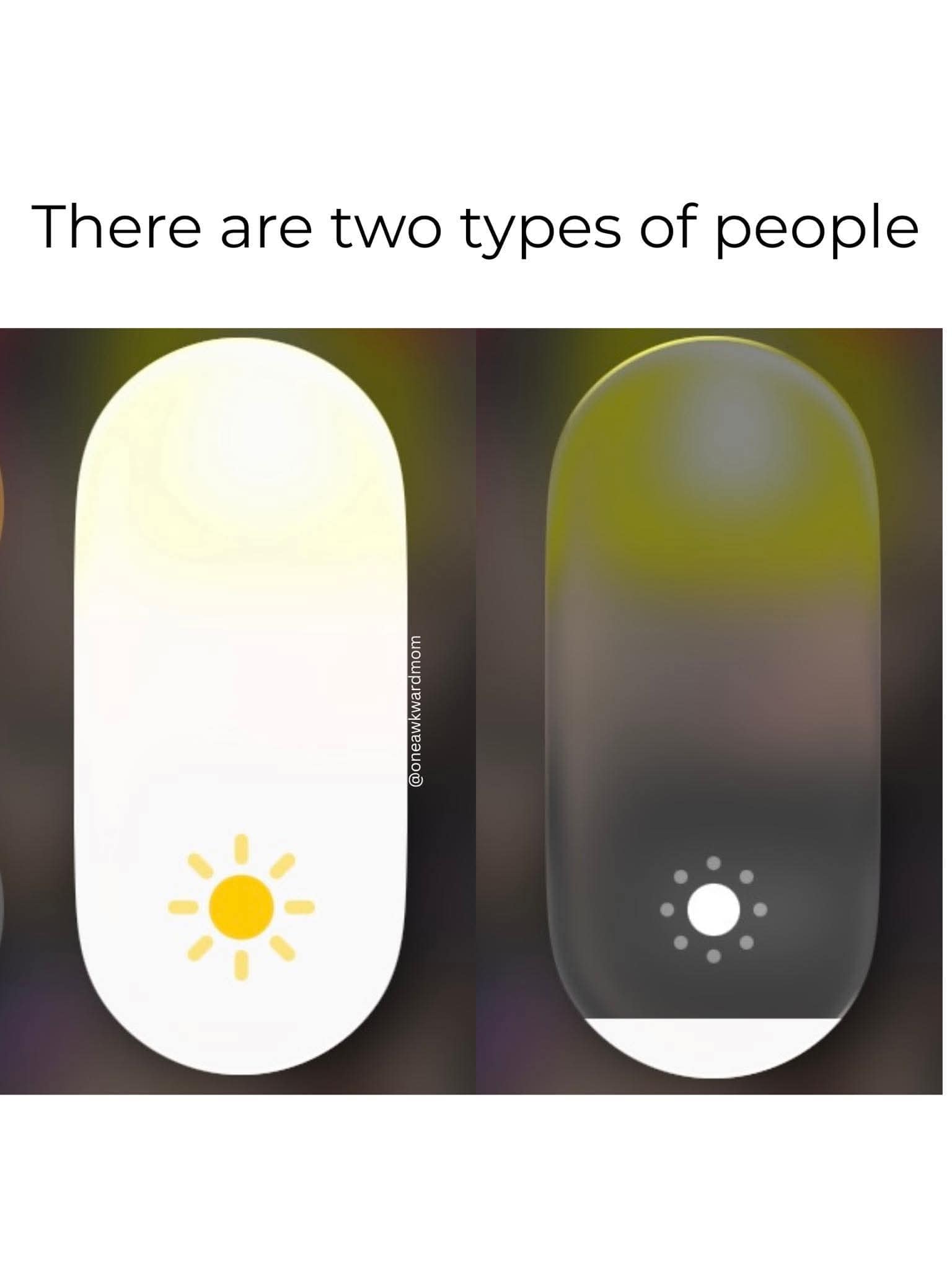 A visual classic meme comparing "two types of people" using the iOS volume slider interface: one with "Light Mode" on and one with "Dark Mode."