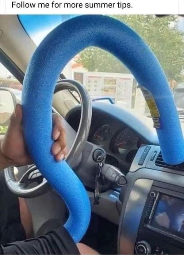 A hilarious redneck engineering classic meme showing a thick blue pool noodle jammed into a car's dashboard AC vent and routed directly into the driver's shorts, captioned "Follow me for more summer tips."