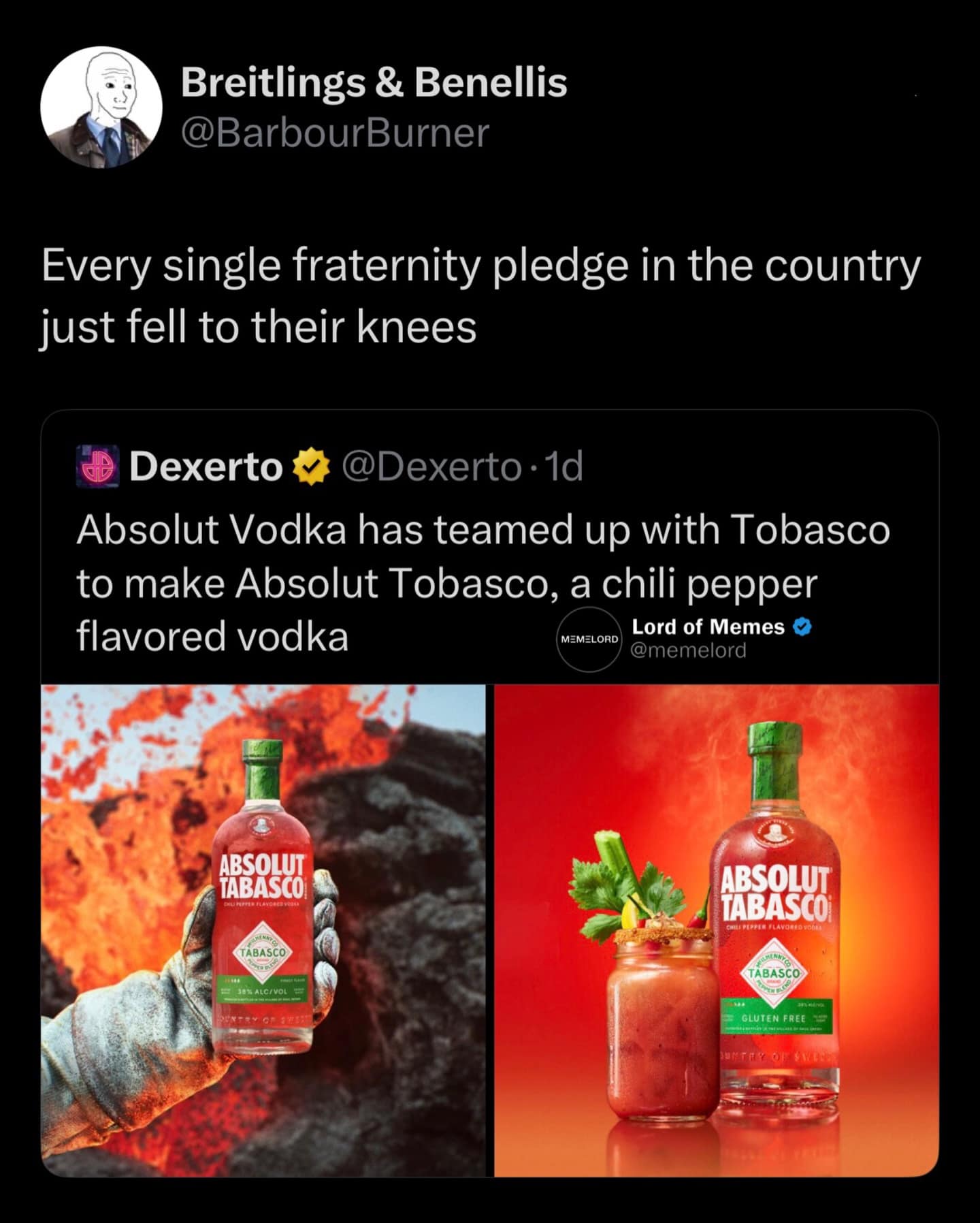 A hilarious cultural classic meme showing a news announcement for a new Tabasco-flavored Absolut Vodka, perfectly captioned with the realization that "Every single fraternity pledge in the country just fell to their knees".