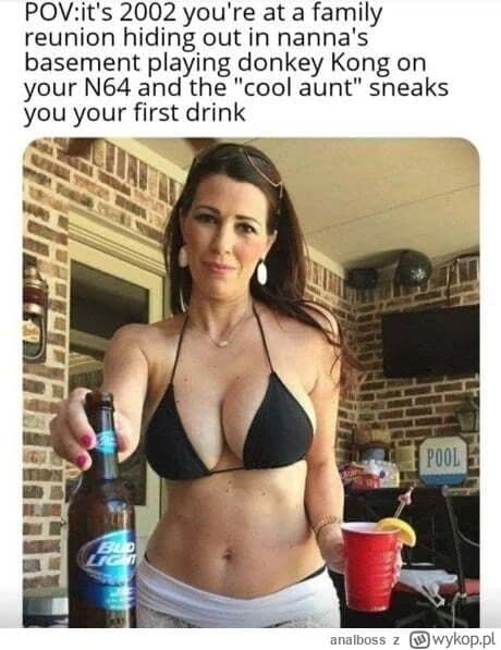 Woman in a bikini handing a beer. Relatable old memes capturing the nostalgic 2002 family reunion cool aunt vibe.