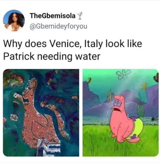 A visual classic meme pointing out the hilarious resemblance between the aerial map of Venice, Italy, and a dehydrated Patrick Star begging for water.