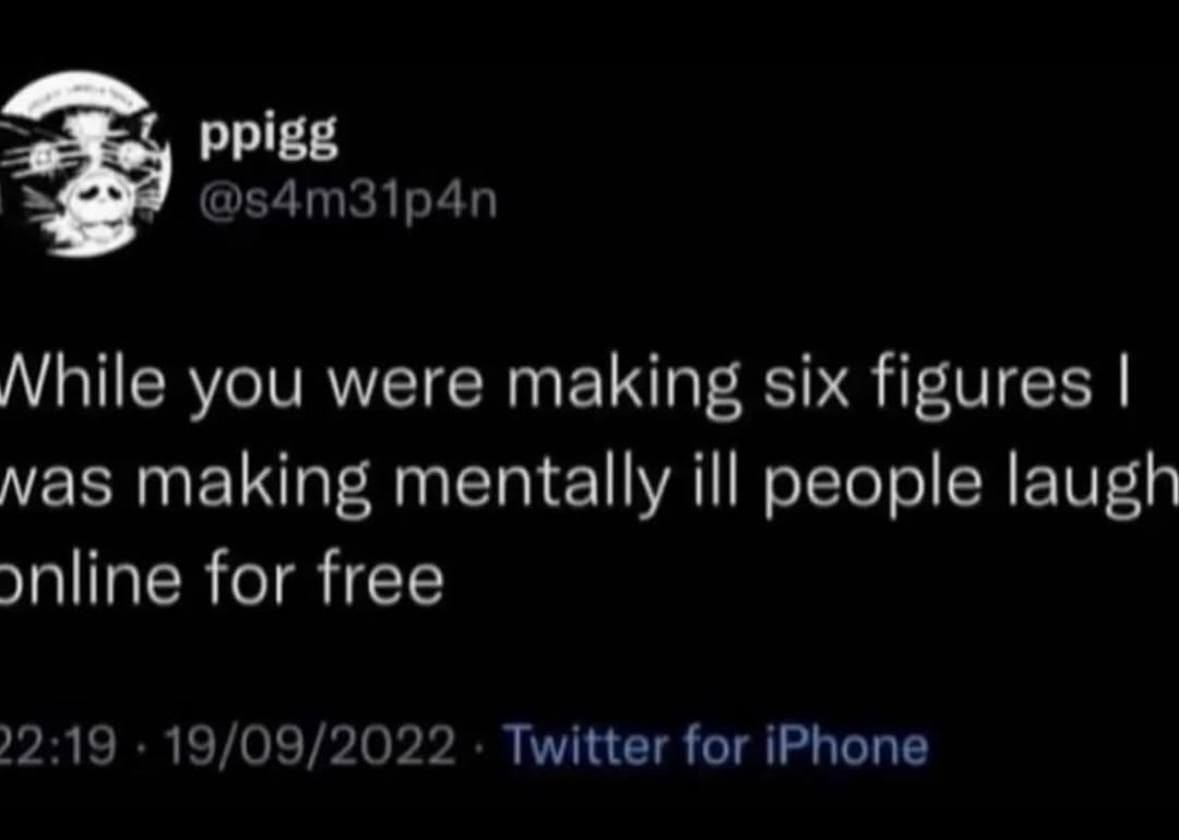 A brutally self-deprecating classic meme featuring a tweet where an internet user proudly flexes that while others were out making six-figure salaries, they dedicated their life to "making mentally ill people laugh online for free," a legendary confession in the world of old memes.