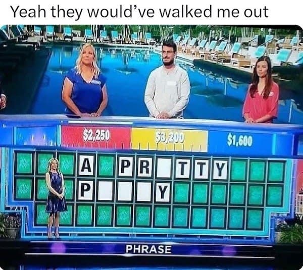 A classic meme featuring a Wheel of Fortune puzzle that reads "A PR_TTY P__Y," implying a very NSFW answer that would get a contestant kicked out.