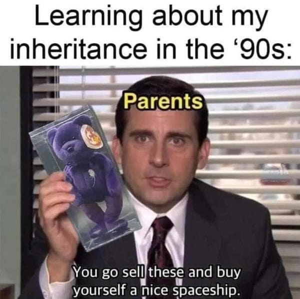 A nostalgic 90s vintage meme using Michael Scott holding a purple Princess Diana Beanie Baby, mocking parents who sincerely thought the stuffed toys would be a massive financial inheritance that could buy a "spaceship."