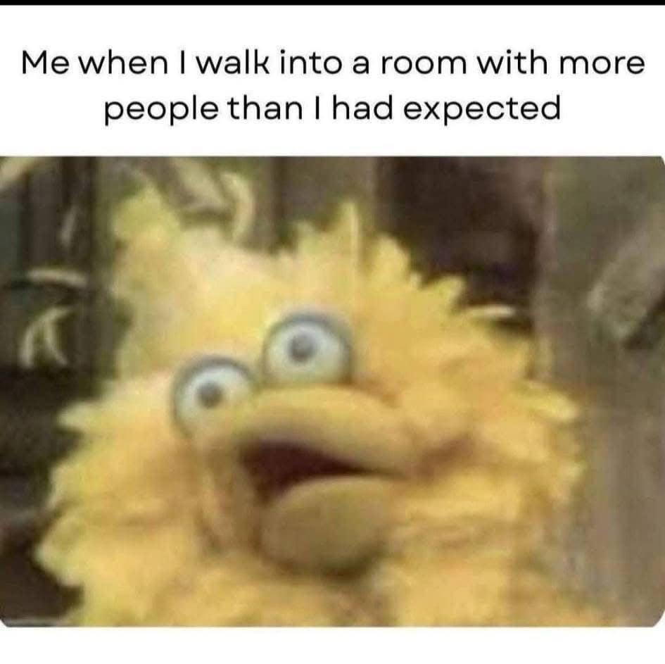 A highly relatable introverted classic meme featuring a deeply shocked, blurry Big Bird from Sesame Street, capturing the exact panic of walking into a room with "more people than I had expected."