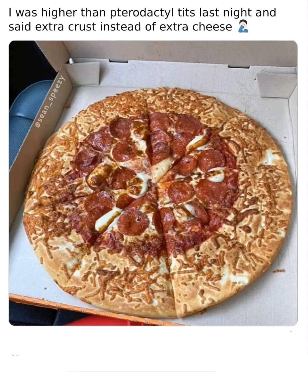 A disastrous culinary fail captured in this old meme, showing a bizarre pizza that is 80 percent baked dough and only 20 percent toppings in the center, completely explained by the buyer admitting they were incredibly high and accidentally ordered "extra crust" instead of extra cheese.