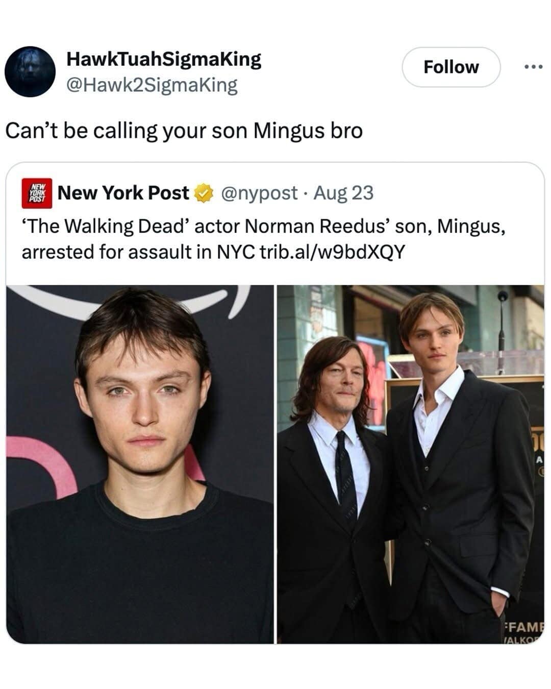 A pop culture classic meme tweet roasting the name "Mingus," showing a news headline about actor Norman Reedus' son getting arrested, alongside a photo of the famous father and son duo.