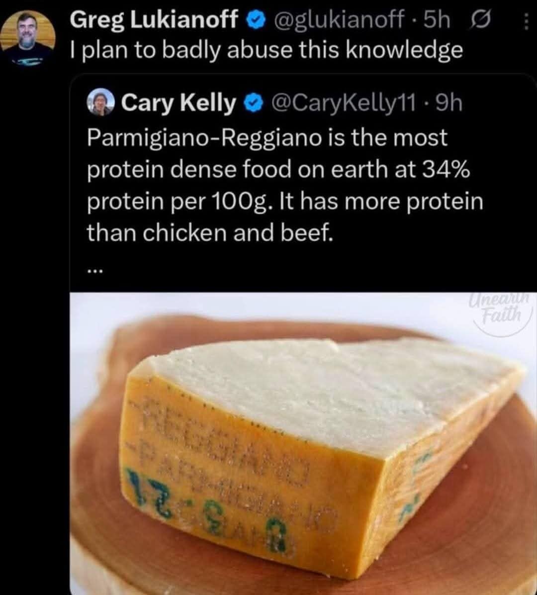 A food-based old meme showing a massive, rustic block of Parmigiano-Reggiano cheese, with a tweet declaring it has 34% protein and a user ominously quote-tweeting, "I plan to badly abuse this knowledge."