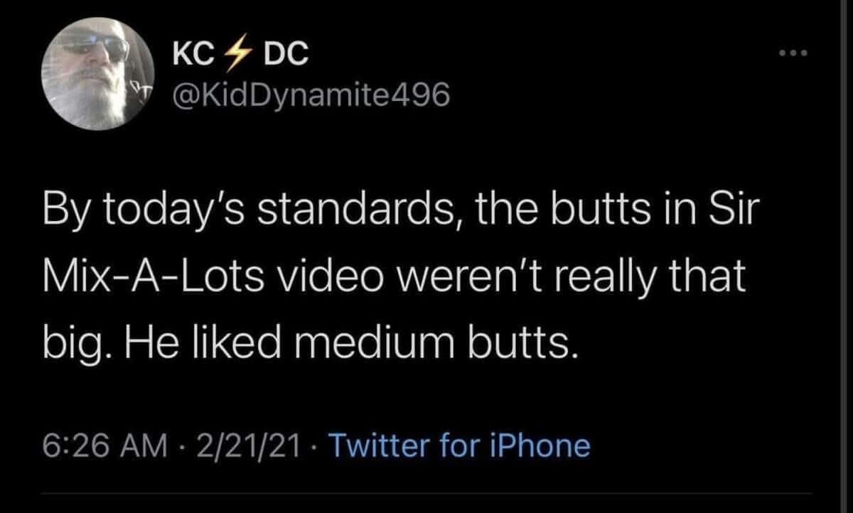 Humorous text tweet observing that by modern standards Sir Mix A Lot actually just liked medium butts.