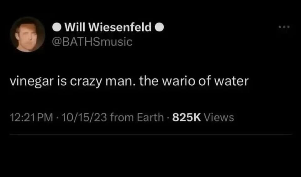 A brilliant culinary analogy viral tweet describing the sharp taste of vinegar by calling it "crazy man. the wario of water."