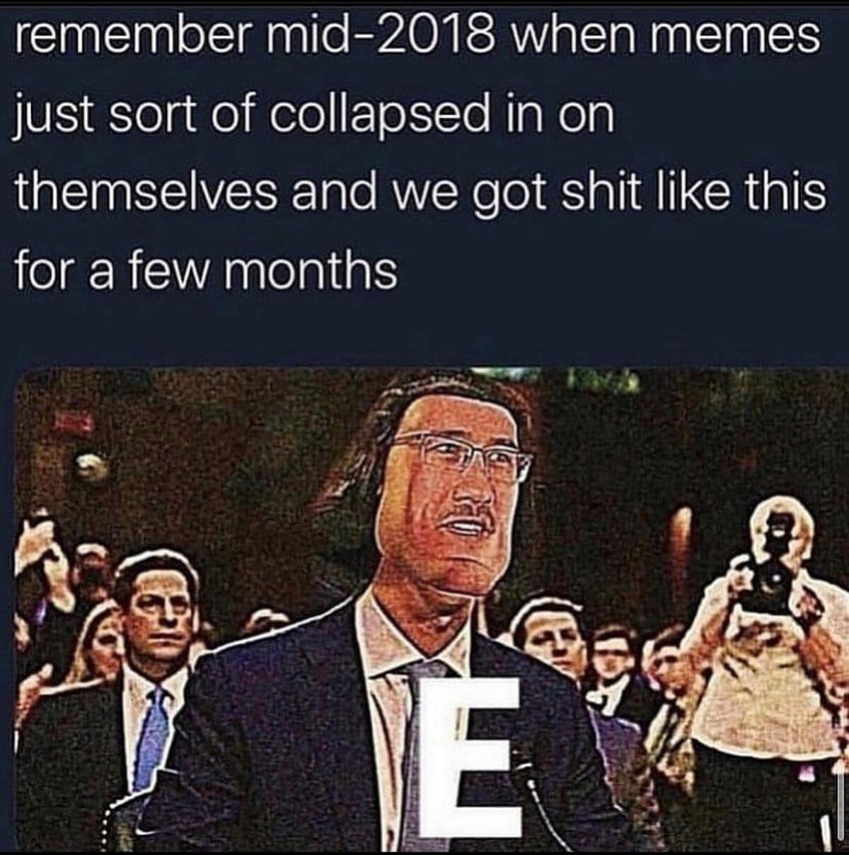 A nostalgic 2018 old meme highlighting the peak of surreal internet humor, featuring the infamous, deep-fried "E" image that terrifyingly blends Markiplier's face onto Lord Farquaad's head.