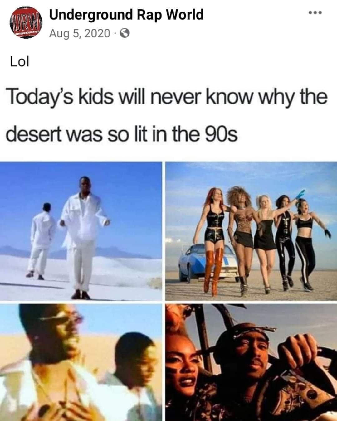 Tupac and Spice Girls in desert music videos. Nostalgic classic meme about 90s pop culture aesthetics.