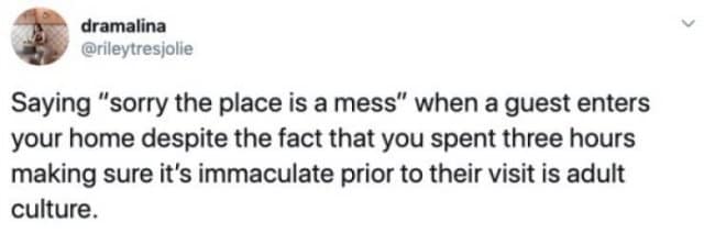 A viral tweet about the "adult culture" of apologizing for a mess after spending three hours cleaning.