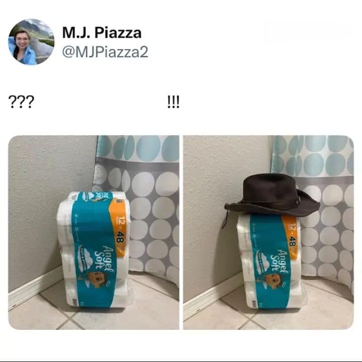 Cowboy hat resting on a pack of toilet paper making it look like a mysterious stranger leaning on a wall.