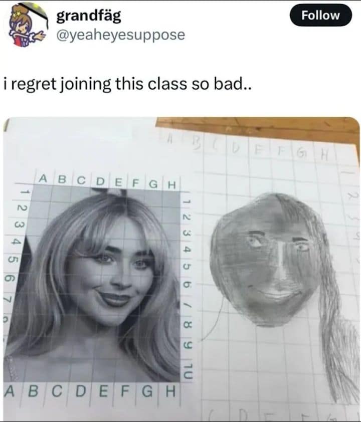 Sabrina Carpenter portrait next to a horrific pencil sketch fail. Hilarious old meme about bad art class attempts.