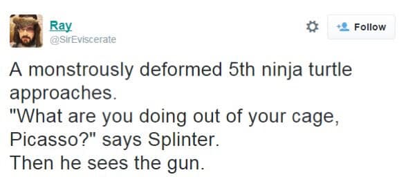 A dark humor vintage meme text post imagining a "monstrously deformed 5th ninja turtle" named Picasso who confronts Splinter with a gun.