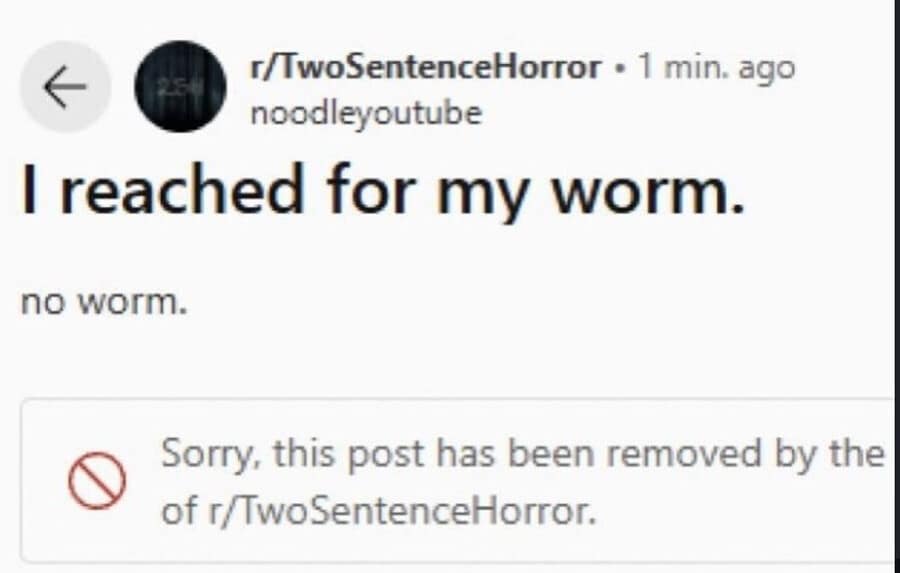 An absurdist classic meme parodying r/TwoSentenceHorror with a low-effort post that reads simply: "I reached for my worm. no worm."