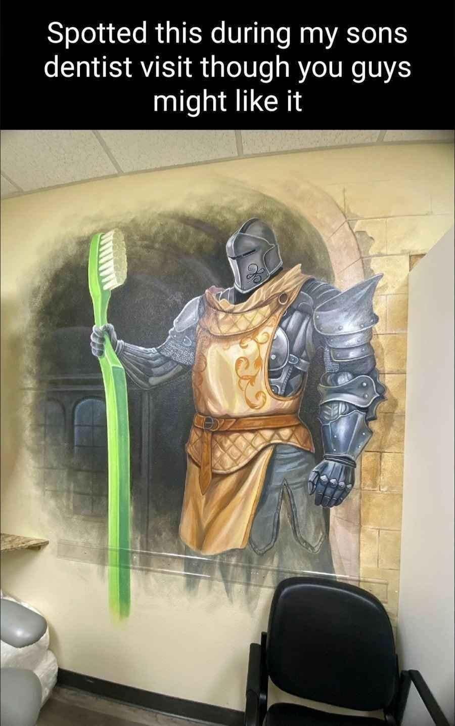 A medieval old meme found at a dentist's office, depicting a stoic knight in full armor solemnly holding a massive green toothbrush like a polearm.