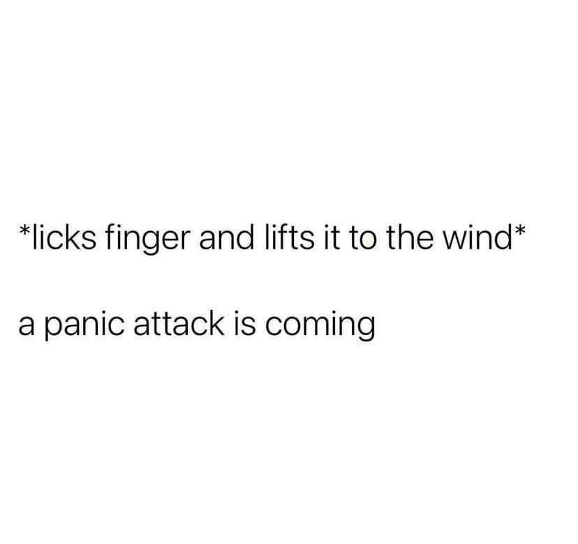 A highly relatable anxiety old meme showing a text post that perfectly describes predicting an impending mental breakdown: "licks finger and lifts it to the wind a panic attack is coming."