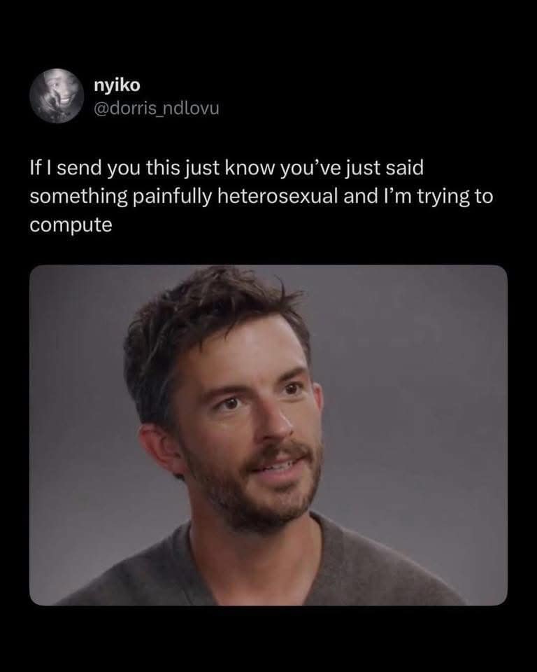 Viral tweet: Jonathan Bailey looking confused. Text: "If I send you this just know you've just said something painfully heterosexual and I'm trying to compute."