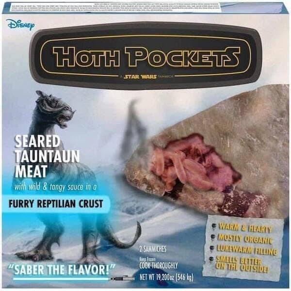 A creative classic meme parodying a Hot Pockets box as "Hoth Pockets," featuring "Seared Tauntaun Meat" inside a "Furry Reptilian Crust" for Star Wars fans.