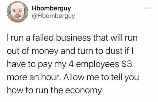 Viral tweet: Hbomberguy mocking business owners. Text: "I run a failed business... Allow me to tell you how to run the economy."