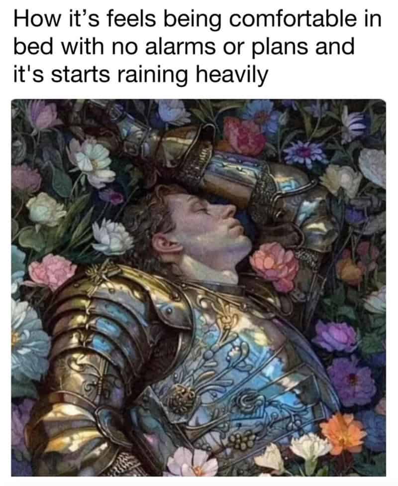 classical art meme: A painting of a knight in full plate armor lying peacefully among various colorful flowers. Text: "How it's feels being comfortable in bed with no alarms or plans and it's starts raining heavily"