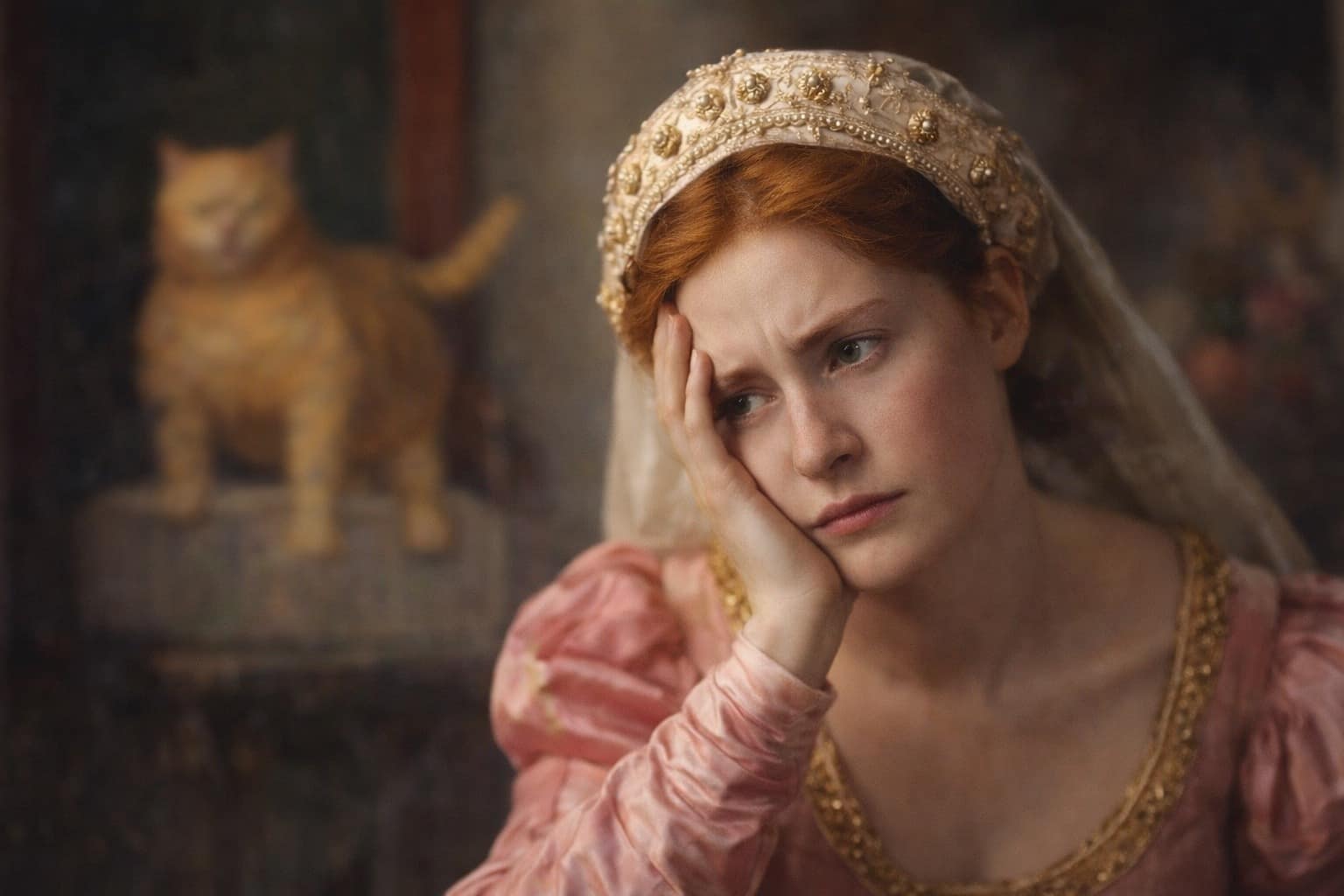 classical art meme compilation: A collage featuring a grid of expressive medieval cats, a knight sleeping in a field of colorful flowers, and two Victorian women looking at a modern smartphone.