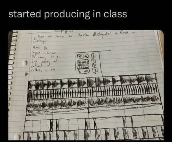 A notebook page where someone has meticulously hand-drawn a music production software interface during class.