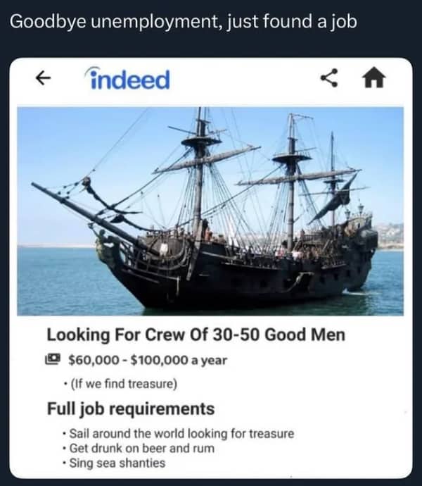 Hilarious fake Indeed job posting for a pirate crew looking for men to find treasure.