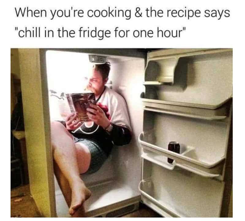 A hilarious literal interpretation chef memes post showing a man physically sitting inside an empty refrigerator to read a book because the recipe instructions told him to "chill in the fridge for one hour."