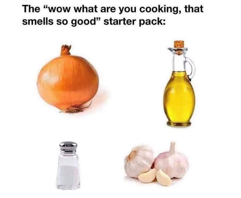 A universally accurate cooking memes starter pack showing a simple onion, olive oil, salt, and garlic, representing the exact foundational ingredients that always prompt housemates to ask, "wow what are you cooking, that smells so good."