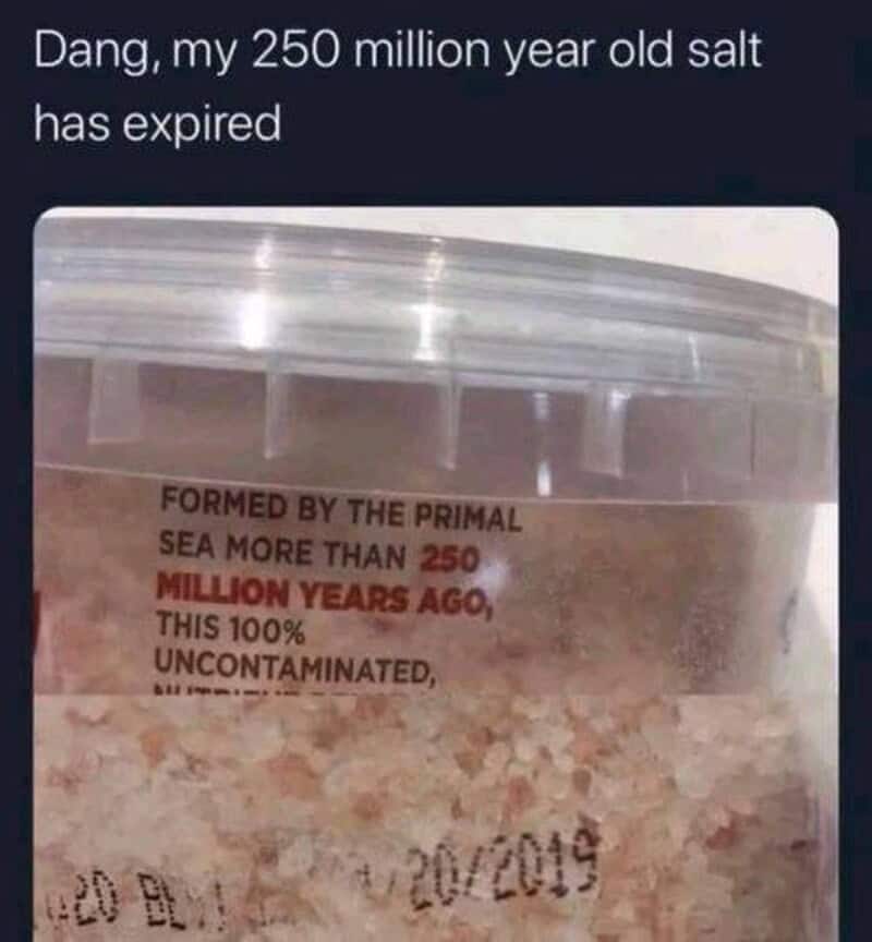 A hilarious logic fail cooking memes post showing a container of pink salt proudly labeled as being formed 250 million years ago, sitting directly above a stamped 2019 expiration date.