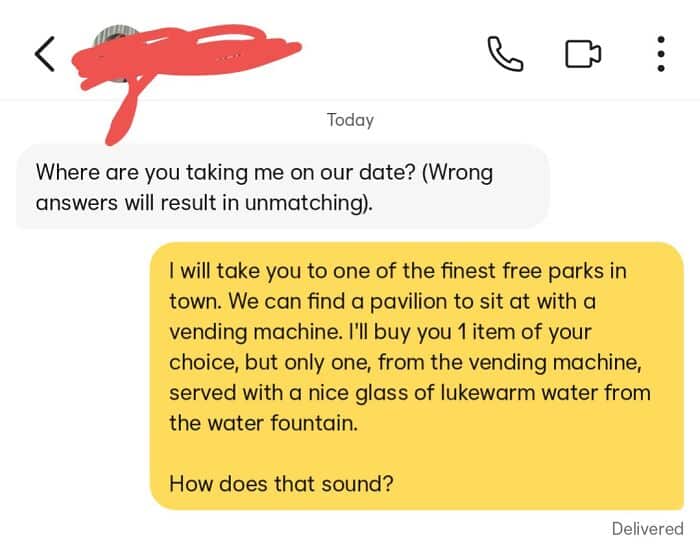 Humorous "wrong answer" for a date suggestion involving a vending machine dinner and lukewarm water fountain drinks.