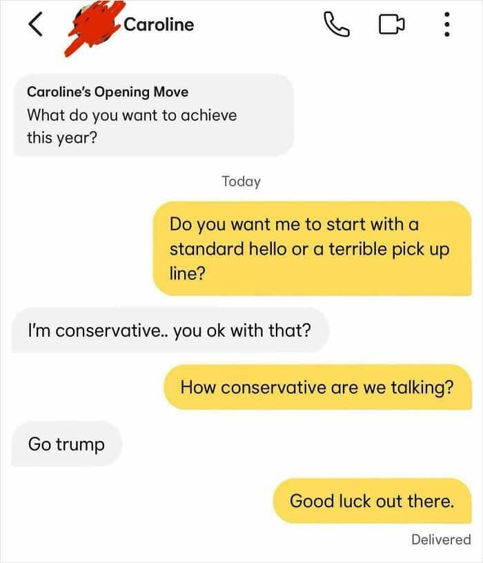 Cringey Bumble exchange where a user unmatched after being told "Go Trump" in response to a political question.