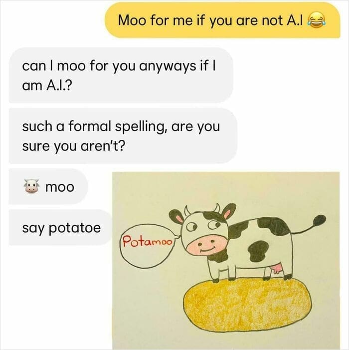 Bumble conversation featuring a drawing of a cow on a potato called a "Potamoo" to prove human identity.