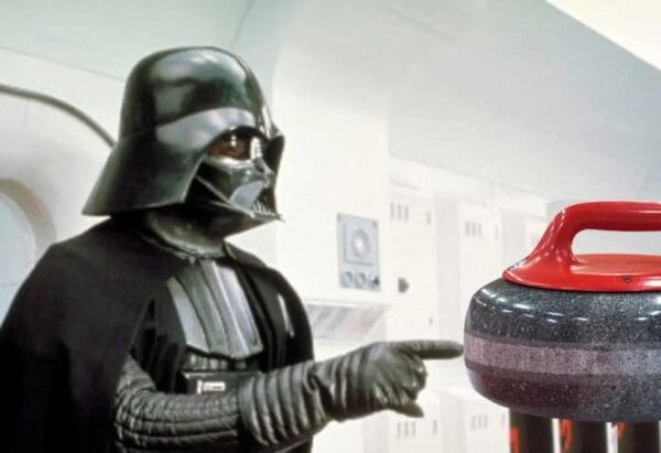A Star Wars crossover curling finger meme where Darth Vader aggressively points a gloved finger at a curling stone, bringing the intensity of the Dark Side to the ice.