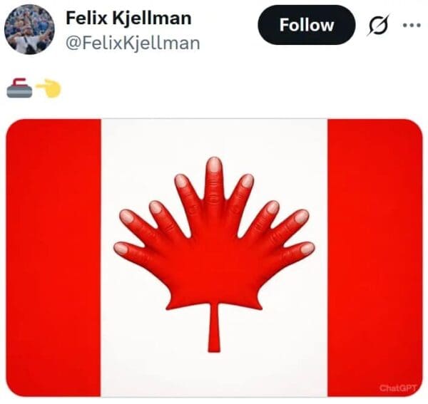 A surreal Canadian curling controversy meme that redesigns the national flag, replacing the iconic maple leaf with a bizarre red hand made of seven fingers.