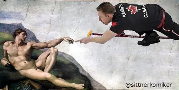 A Renaissance-style curling finger meme inserting Marc Kennedy into Michelangelo's The Creation of Adam, reaching out to touch fingers with the biblical figure.