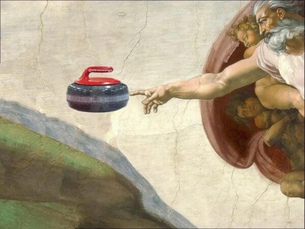 A divine Canadian curling controversy meme showing God himself reaching down from the heavens to commit a stone-touching violation on the curling sheet.
