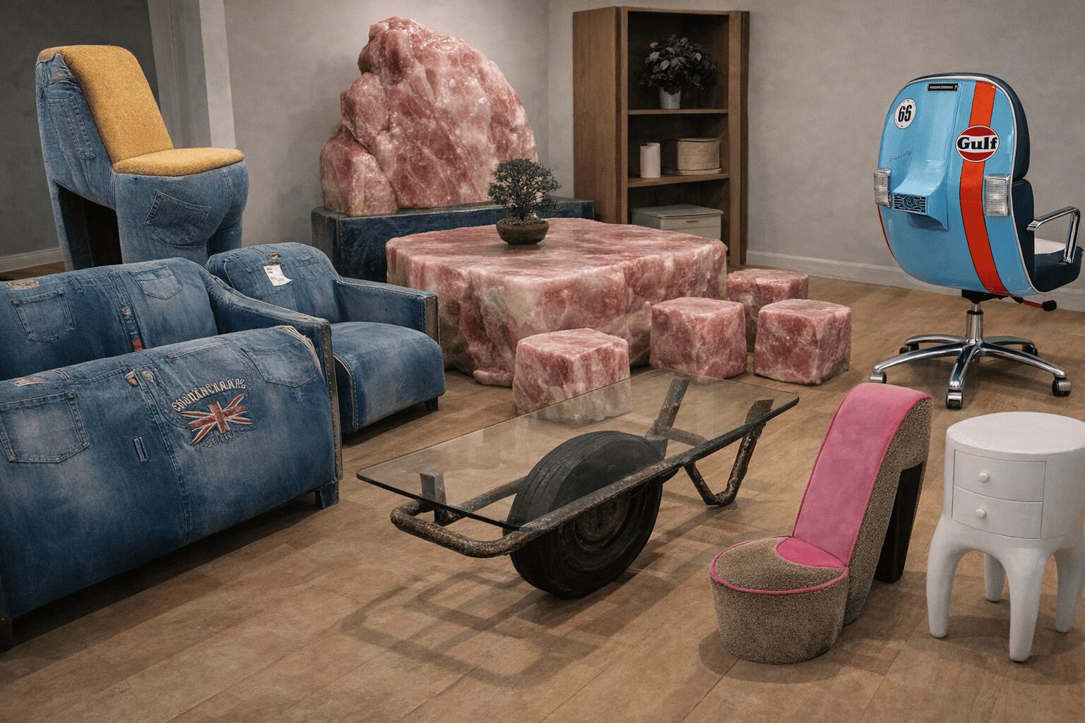 Cursed furniture compilation: A collage featuring the raw meat stone dining set, the armchair made entirely of teddy bears, and the wooden chair carved into a kneeling woman.