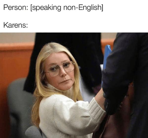 A painfully accurate customer service meme showing Gwyneth Paltrow looking highly judgmental in court, capturing the exact face a "Karen" makes when a shopper dares to speak a non-English language.