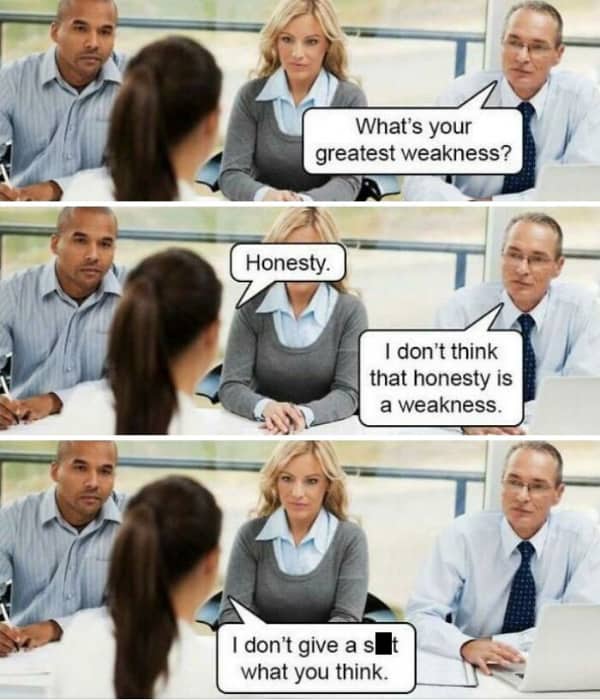 Three-panel stock photo of a job interview where the candidate answers a question about honesty.