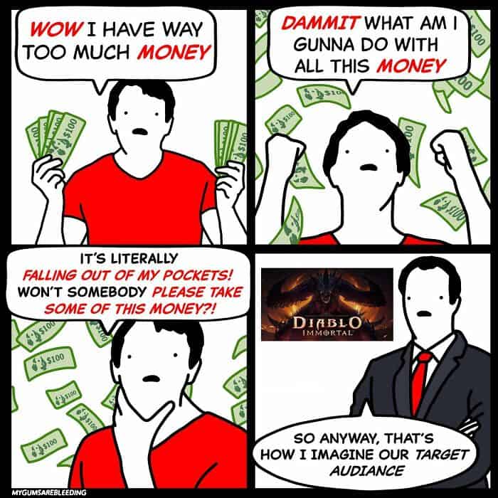 A dark humor comic mocking Diablo Immortal developers for imagining their target audience as people desperate to get rid of overflowing cash.