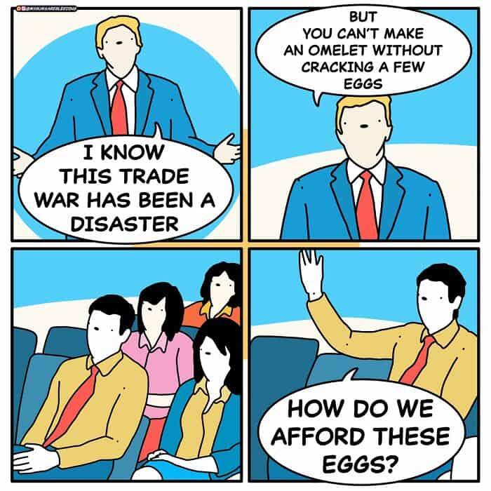 A dark humor comic by MyGumsAreBleeding about a politician using the idiom "can't make an omelet without cracking eggs" while citizens ask how to afford eggs.